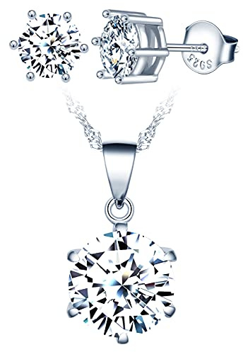 Yumilok Damen Schmuckset Weiß Zirkonia Anhänger Ohrstecker Halskette Ohrringe Kette Set Schmuck Set 925 Silber inkl. Schmuckbeutel