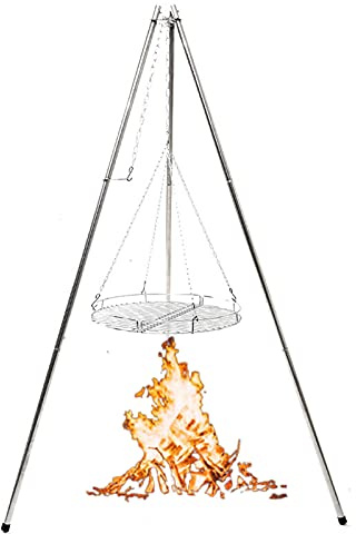 Tripod Grill with BBQ Shelf, Charcoal BBQ Grill with Adjustable Hanging Chain & 3 Hooks Stainless Steel Cooking Tripod with Storage Bag
