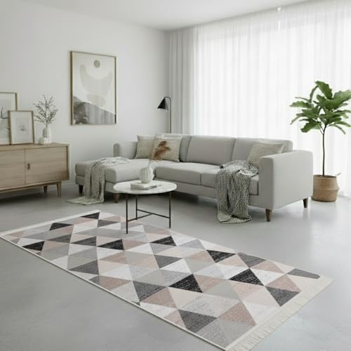 Fashion4Home Teppich Läufer - Tepiche für Wohnzimmer, Schlafzimmer, Küche, Kinderzimmer, Badezimmer - Boho Kelim - Läufer Flur, Karo-Grau, Größe: 60x180 cm