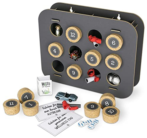 SURPRISA Geschenkkalender - Verpackung Geldgeschenk Hochzeit, Geburtstag | Geschenkverpackung aus Holz, graue Geschenkbox für Geldgeschenke, Gutscheine, 12 Fächer, Wunscherfüller Geburtstag, Jahrestag