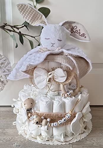 Windeltorte XXL mit Namen - Kuscheltier Hase Hoppi - 2-stöckig - Geschenk, Babyparty, Geburt Taufe + Gratis Grußkärtchen