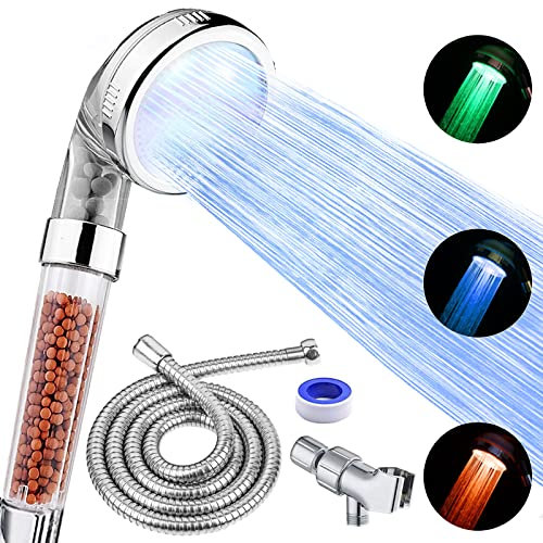 FASTRAS Pommeau de douche LED avec pommeau de douche à main haute pression avec tuyau et support, 3 filtres à économie d'eau à température contrôlée pour cheveux secs et peau