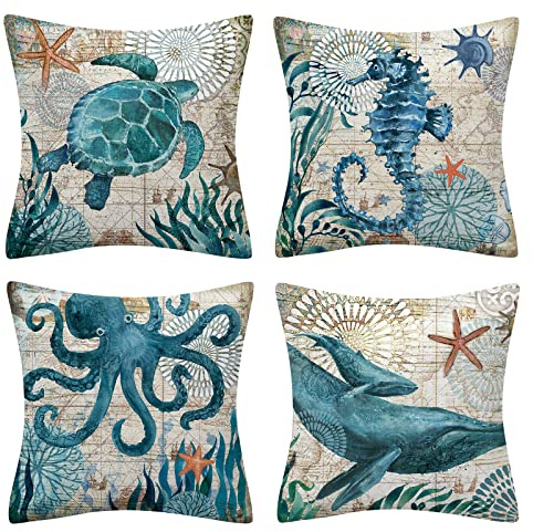 OCEUMACO Leinen Kissenbezug 40x40 Meer Tiere Kissenhülle 4er Set Quadratisch Sofakissen Dekokissen Bezug für Couch Sofa Maritim Kissen Kissenbezüge Outdoor Deko Zierkissen Couchkissen - Blau