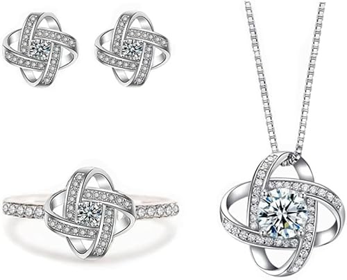 TTPSRY Ensemble Bijoux Nœud Celtique Zircon Cubique Collier Boucles D'oreilles Bague Parure Argent Brillant Élégant Femme Bijouterie