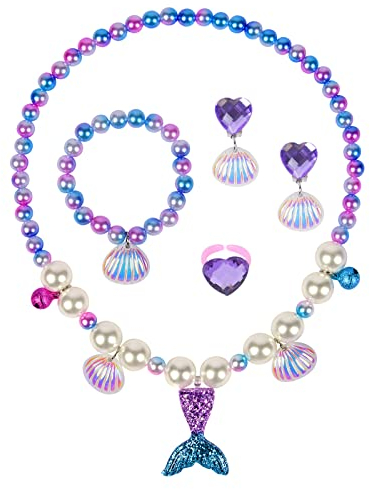OSDUE Girls Jewelry Set, 5 Pcs Mermaid Necklace Earring Bracelet Ring Set for Little Girl, Princess Jewelry Party for Toddler Little Girl Play Party Favors, Birthday Gift