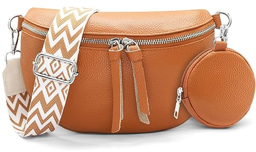 HNOOM Kleine Damen Umhängetasche aus Echtleder – Elegante Bauchtasche & Crossbody Bag mit Münzfach – Verstellbarer Breiter Gurt, RFID-Schutz – Stylische Gürteltasche für Alltag und Reisen (Braun)