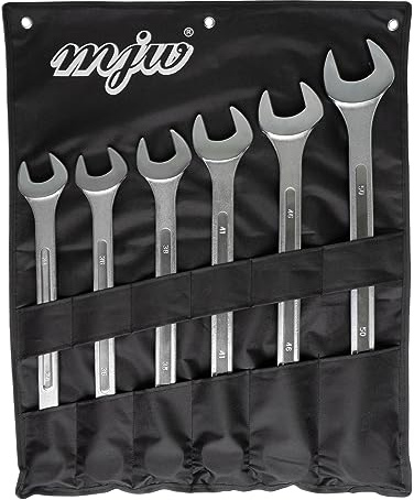 MJW Ringmaulschlüsselsatz 34-50 mm, 6-tlg. aus CrV Stahl, DIN 3113, mit Klett-Rolltasche, für Industrie und Werkstatt