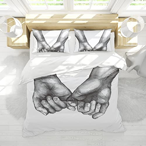 HOBBOY Weißes, weiches Bettbezug-Set, Grauer Handmuster-bedruckter Bettbezug mit Reißverschluss, 4 Eckbändern, 2 Kissenbezügen, bequem, langlebig, 3-teilig 180x200 cm