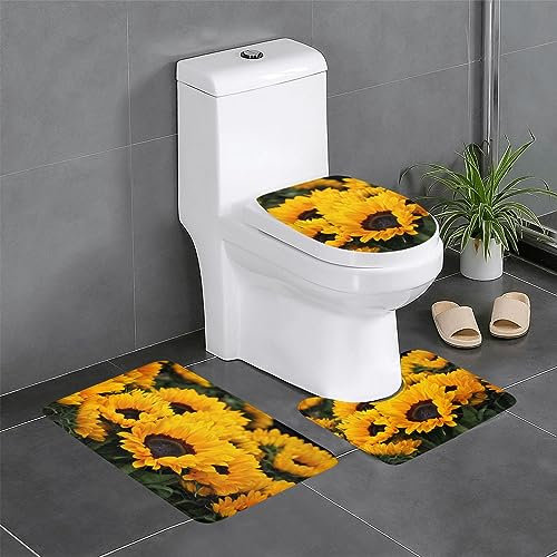 TRESILA 3-teiliges Badematten-Set, rutschfest, Badezimmermatte, WC-Vorleger, Teppich, Flanell, Bodenmatte, Druck, Türmatten – gelbes Sonnenblumenfeld