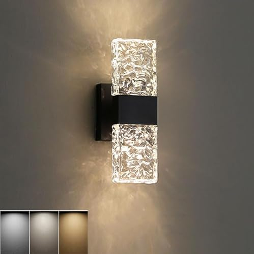 LOGT Kristall Wandleuchte 10W LED Innen Moderne Wandlampe 3 Farbtemperatur Nachttischlampe Edelstahl Basis Wandlicht Luxus Dekoration Lampe für Wohnzimmer Korridor Hotel Flur Schwarz,B