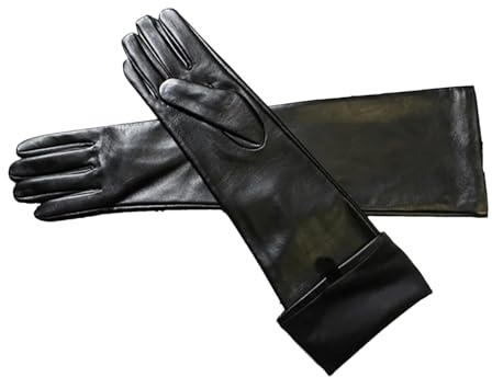 Lange Lederhandschuhe für Damen, Schaffell, dünn, über Ellenbogen, langes Fleecefutter, warme Winterhandschuhe, Schwarzer Touchscreen1, 9