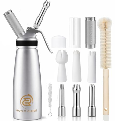 Professional Whipped Cream Dispenser - 500 ml Whipped Cream Maker With Silicone Grip - Heavy Duty Homemade Whipped Cream Dispenser - Whip Cream Canister With 6 Decorating Tips & 2 Cleaning Brushes