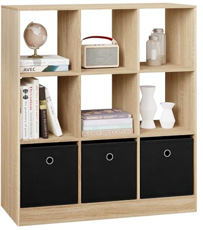 WOLTU Bücherregal Bücherschrank Standregal Würfelregal Aufbewahrungregal Raumteiler Büroregal, mit 9 Fächern 3 Schubladen aus Vliesstoff, für Wohnzimmer Schlafzimmer Büro, helle Eiche, SK041hei