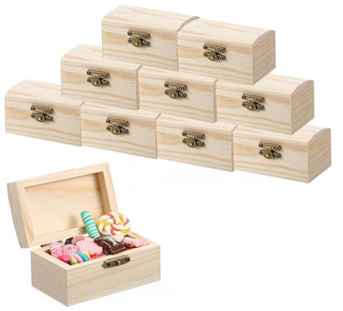 ACONDE Kleine Schatzkiste Holz DIY - 10 Stück Schatztruhe Klein mit Deckel für Aufbewahrung Dekoration Geschenk - Schatzkiste Kindergeburtstag für Kleinteile Schmuck Snacks(9×5×5cm)