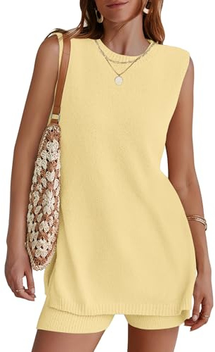 NENONA Womens 2025 Knitted Lounge Sets Sleeveless Tunic Top Matching Shorts Beach Vacation Set,Yellow,S