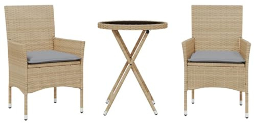 vidaXL Bistroset 3-TLG., Balkonset mit Kissen, Sitzgruppe für Garten Terrasse Balkon, Balkonmöbel Gartenmöbel Tisch 2 Stühle, Beige Poly Rattan Glas