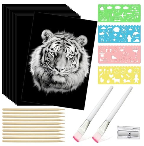 Rordigo 67-Teiliges Kratzpapier-Kunst-Set für Kinder und Erwachsene Kratzpapier-Bastelset 50 Blatt 8,5 X 11,0 A4 Schwarzes Beschichtetes Kratzpapier