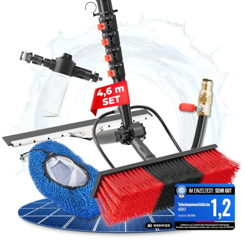 AERST Teleskop Waschbürste 4,6 m Set mit Wasseranschluss & Abzieher | Verstärkter Aluminium-Teleskopstiel, Aufbewahrungshaken, Wasseranschluss & Seifenspender, Mikrofaserbezug & Abzieher