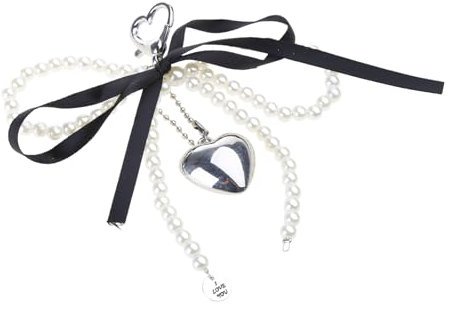 CYILPR Schlüsselanhänger, handgefertigter Schleifen-Schlüsselanhänger mit Perlen, Herz-Dekoration, Handy-Anhänger, Taschenanhänger für Handys und Geldbörsen, Schwarz , One size