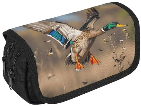 NQHJT Federmäppchen, Jagd, fliegende wilde Enten und Baum, großes Fassungsvermögen, Federmäppchen, Doppelreißverschluss, Aufbewahrungstasche, 2 Fächer, tragbar, multifunktional,