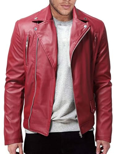 Generisch Lässige Lederjacke für Herren in Übergröße, stilvolle, schmale Lederjacke Herren Haut (Red, M)