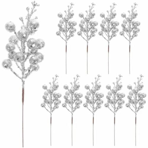 Künstliche Stiele, Baumbeeren, Blumen, Glitzer, gefälschte Stechpalmen, Kranz, Kiefernzweige, Weihnachtszweige, zum Selbermachen, Weihnachtsdeko, D, Silber