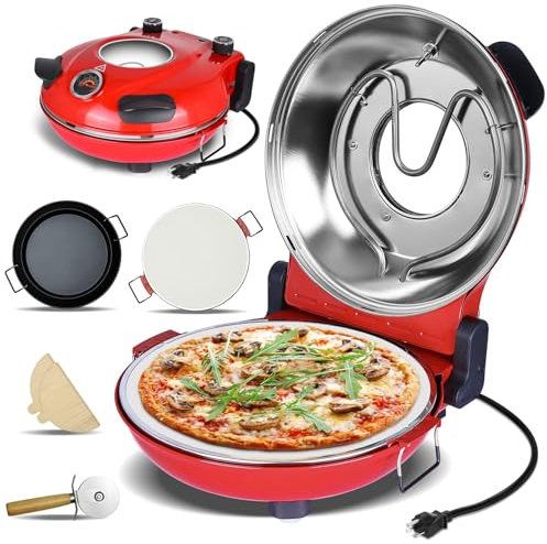 Electric Pizza Oven Indoor, 12 Countertop Pizza Oven with Pizza Stone & Grill Pan, Built-in Thermometers, Timer, Viewing Window, Heats up to 420℃ Pizza Cooker Pizza Maker for Homemade Pizza red