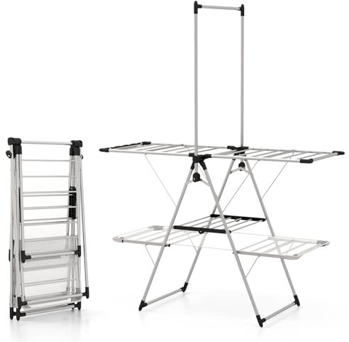 COSTWAY Foldable Clothes Drying Rack, 3-Tier Clothes Airer Dryer Horse with Height-Adjustable Wings, High Hanger, Sock Clips and Shoe Hook, Stainless Steel Laundry Rack Stand for Indoor Outdoor Use