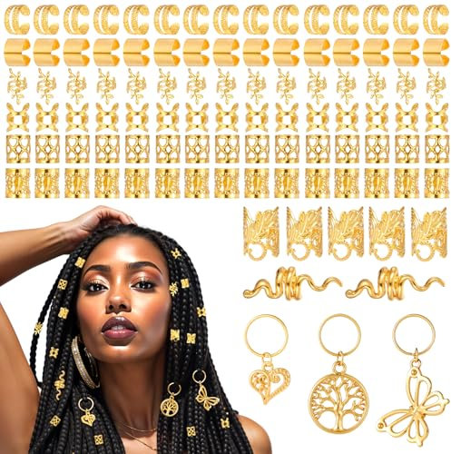 Nogeqi 100 Stück Piraten Haarschmuck Gold, Haarschmuck Für Zöpfe Gold Damen, Pirat Hair Accessories Dreadlocks Schmuck, Goldene Haarclips Metall Hair Cuffs Verstellbare