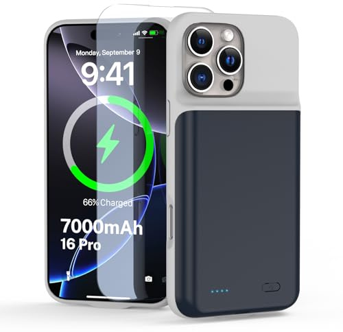 YONHUIZI Akkuhülle für iPhone 16 Pro (6,3), 7000mAh Wiederaufladbar Batterie Ladehülle Akku mit Panzer Schutz Glas, Powerbank Hülle Zusatzakku Akku Case Akku Ladehülle Handyhülle-Blau