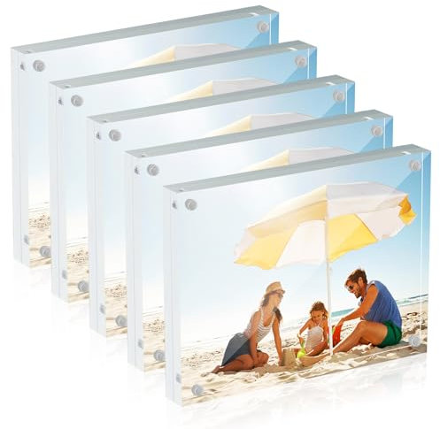 display4top Acrylic Photo Frame, Double Sided Magnetic Picture Frame, Free Standing Desktop Clear Transparent Frameless Home Decor for Photograph Display, 20mm Thick (Transparent 5 Pack, 5X7)
