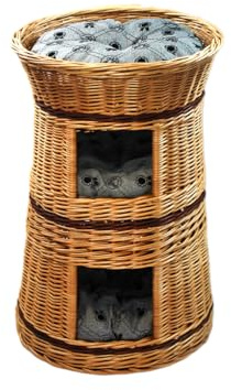 Katzenkorb zum Schlafen – Katzenhütte Indoor – Größe: 50 cm rund – Katzenhöhle aus Weide – Dreistufiges Bett für Hunde oder Katzen – Natürliche Korbfarbe – Kissen Hellgraues