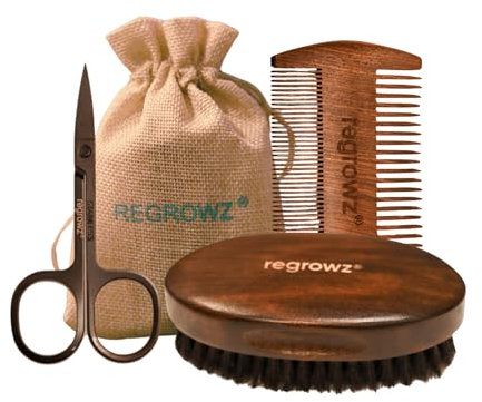 Regrowz Bartpflegeset & Geschenkset für Herren – Holzbürste mit Wildschweinborsten, Bartschere & antistatischer Kamm für Schnurrbart & Gesichtshaarpflege – Reisefreundliches Bartpflegeset für Männer