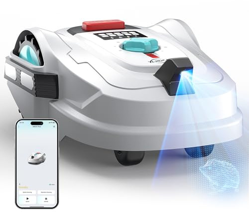 YARDCARE M800Plus Robot Tagliaerba Senza Filo Perimetrale, Posizionamento GPS + 3D Visione, Robot Tosaerba, Modalità di Taglio a U,800 m², App, Rilevamento di 150 Ostacoli, Bianco Turchese