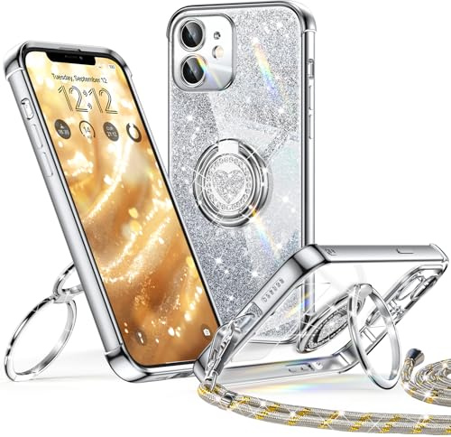 XYZ für iPhone 11 Hülle mit Band, Herzen Doppelring Ständer | Luxus Glitzer HandyHülle Kameraschutz, Frauen Stoßfest Elektroplattiert Case Soft TPU SchutzHülle Clear, Silber