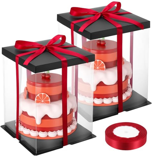 saerryor 2 Pack Clear Cake Boxes with Lid & Ribbon 22x22x30cm, 12 Inch Tall Transparent Plastic Cake Carrier Containers, Cakes Gift Packaging Boxes for Birthday Wedding Celebrations Party, Black