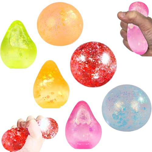 Stressball Kinder, Antistressball Erwachsene, 6 Stück Set mit Anti Stress Bällen, 4 cm Größe, Squishy Spielzeug für Stressabbau, Mit Glitzerdesign für Farbspiel（Farbe zufällig）