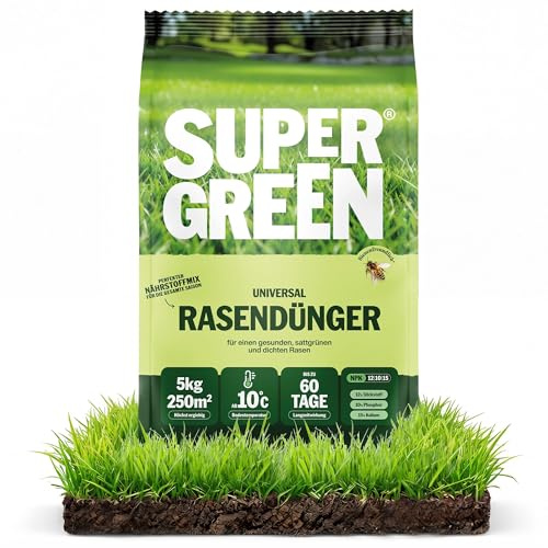 SUPERGREEN Universal-Rasendünger Langzeit bis 60 Tage | 5kg | NPK 12-10-15 für dichten, sattgrünen, gesunden Rasen | Nitratfrei & staubfreies Granulat (2-5 mm) | Ganzjahresdünger | Premium Qualität