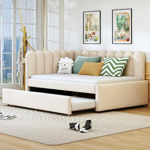 L-förmiges Polsterbett 140x200 cm, Tagesbett Schlafsofa mit geblümter Rückenlehne & Ausziehbett & Lattenrosten, Doppelbett Sofabett Jugendbett Gästebett Bettgestell, Samtstoff, Ohne Matratze, Beige