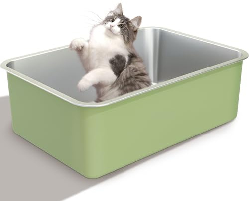 Vealind Stainless Steel Cat Litter Tray Durable Metal Litter Box for Cats with Odor-Resistant Surface, Scratch-Proof Painted Exterior and Low-Entry Design Kitty Litter Pan