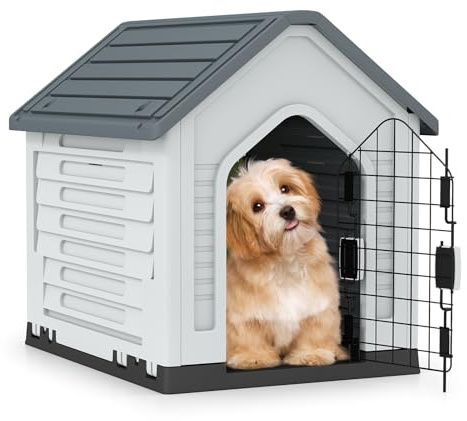 COSTWAY Hundkennel för utomhusbruk, väderbeständig med låsbar metallgrind, ventilationsöppningar, sluttande tak, husdjurshus för små hundar och katter, hundbur upp till