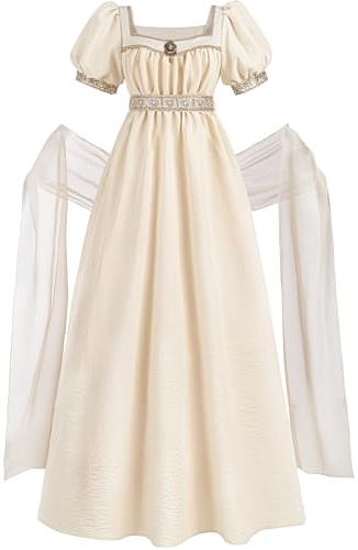 Fiamll Regency Jane Austen Robe pour femme Taille empire Manches bouffantes Robe avec écharpe pour thé cocktail soirée cocktail