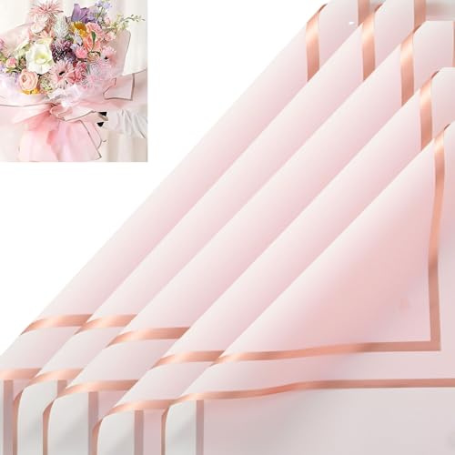 Winwinland 20 Blatt Blumenpapier Geschenkpapier Wasserdicht, 56x56cm Floristenpapier mit Band für Blumenstrauß, Geschenkverpackungen, Kunsthandwerk - Rosa mit Goldrand
