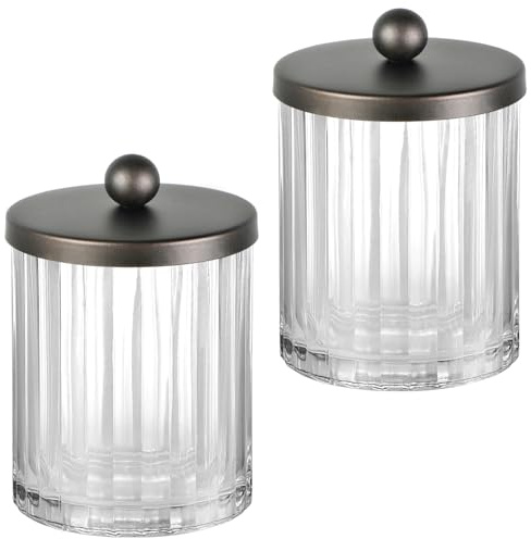 Amolliar Apothecary Jars Bathroom Vanity Storage Organizer Set, Countertop Canister with Stainless Steel Lid & Cute Stickers, Qtip Holder Dispenser for Cotton Swabs, Balls, Makeup Pads(Bronze, 2 Pack)