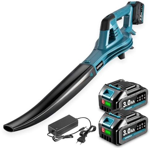 Yofidra Laubbläser Akku, Bürstenlos Laubgebläse mit 2x3.0Ah Akkus, Leaf Blower 6-Gang, Max 17000RPM, Luftmenge 360km/h, zum Rasenpflege, Laub, Staub & Schnee