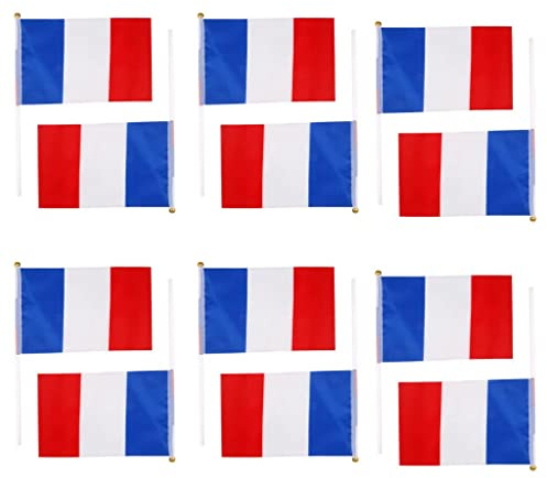 Lot de 12 drapeaux nationaux français en polyester, 21 x 14 cm, avec mâts de 30 cm, rouge, blanc, bleu, pour festivals et fêtes