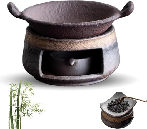 Juego de calentador de cerámica para té, hecho a mano, calentador de cera de cerámica con soporte para velas, cedro y quemador de aromaterapia zen para meditación (A)