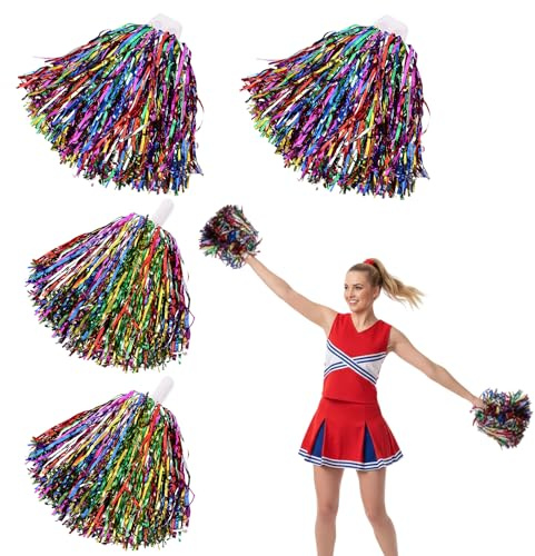 4 Stück Cheerleader Pompons, Pompons Cheerleader für Sportveranstaltungen, Pompoms Cheerleading mit zwei Griffarten, Farbige Pom Poms Cheerleading mit zwei Designs, Ideal für Wettkämpfe und Feiern