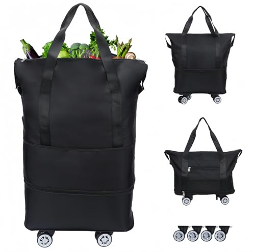 Reusable Grocery Bag on Wheels, Shopping Bag with Detachable Wheels, Roller Tote Bag, Large Expandable Foldable Carry On Luggage Bag for Shopping, Camping, Traveling, Black