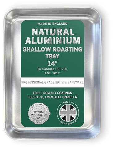 Samuel Groves 14 Professional Aluminium Shallow Roaster – Made in England - 42 x 31 x 4cm – Non-Toxic, Natural Uncoated Aluminium Roasting Tin – Bakewell Pan, (Shallow Roasting Tray, 14)